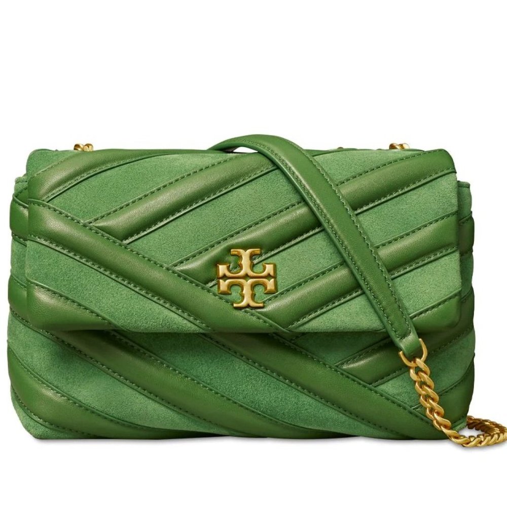 NWT Tory Burch Kira Chevron Bombe Leather Small Shoulder Crossbody Bag Arugula